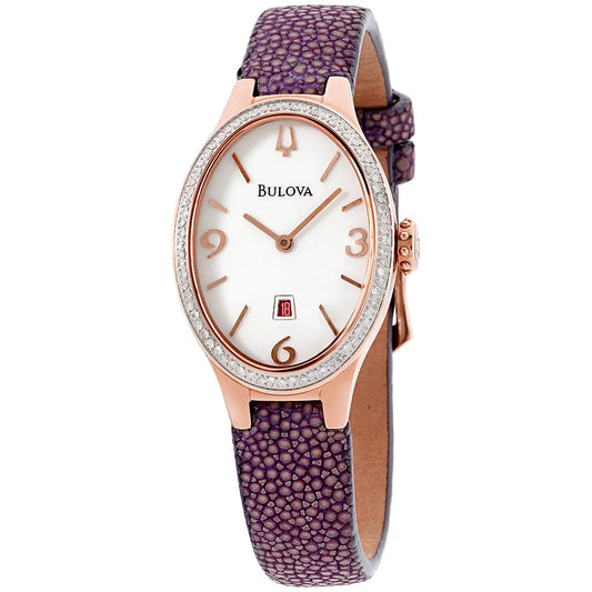 Watch 03W - Bulova Diamond White Dial Leather Strap Ladies Watch